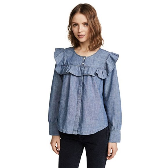 Madewell Tops - MADEWELL Ruffle Long Sleeve Denim Shirt Blue Top